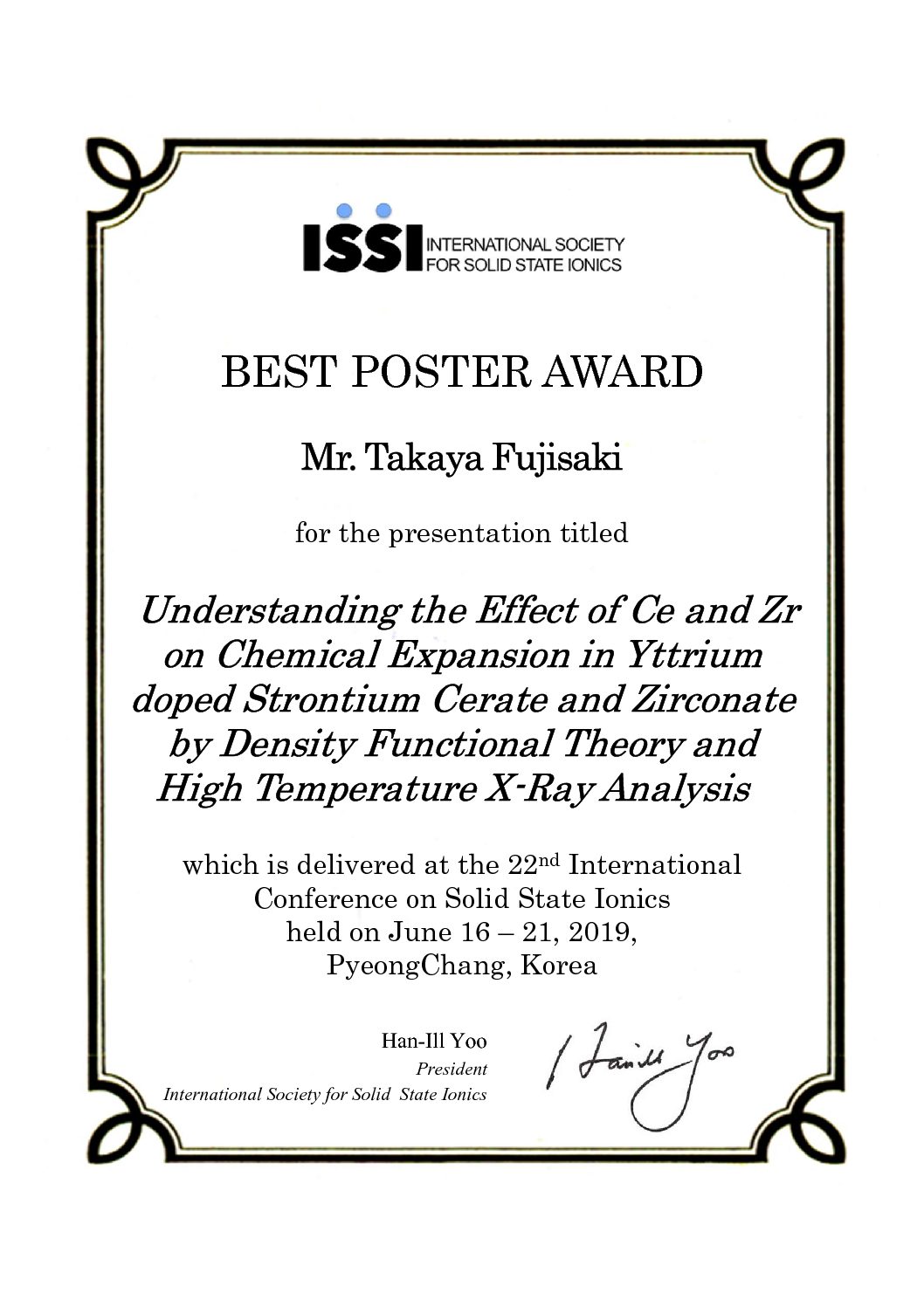 Dr. Takaya Fujisaki received the best poster awards in 22nd International Conference on Solid State Ionics.